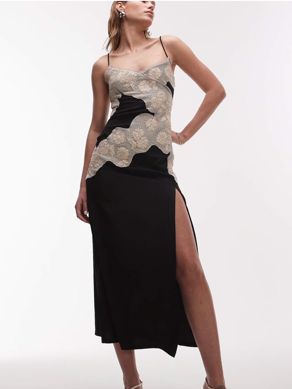 Topshop Black Maxi Dress With Cream Lace Appliqu
